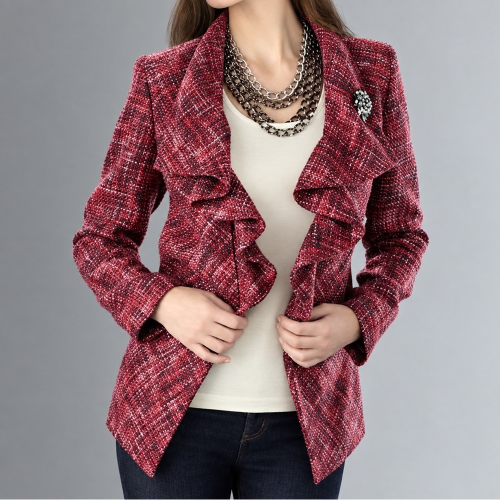 Chico’s Tweed Ruffled Neckline Red Burgundy Blazer Jacket Womens size 2 (12 US)